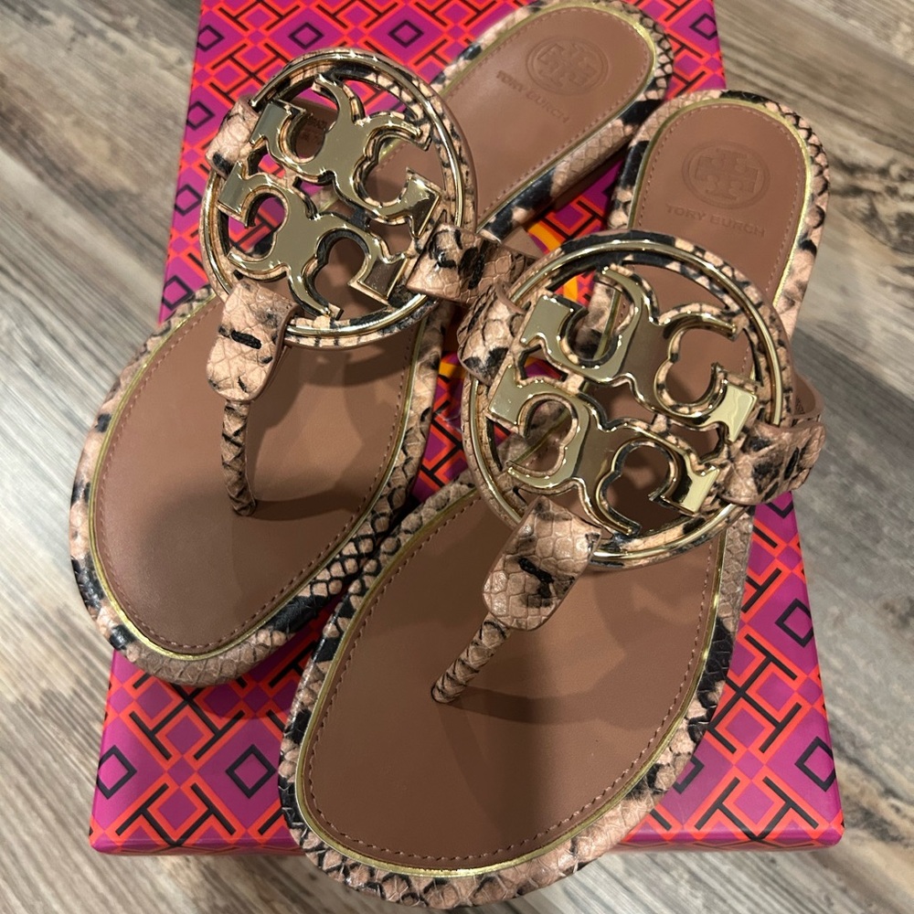 Tory Burch Metal Millers - Blush Pink and Black Sandals with Gold Medallion